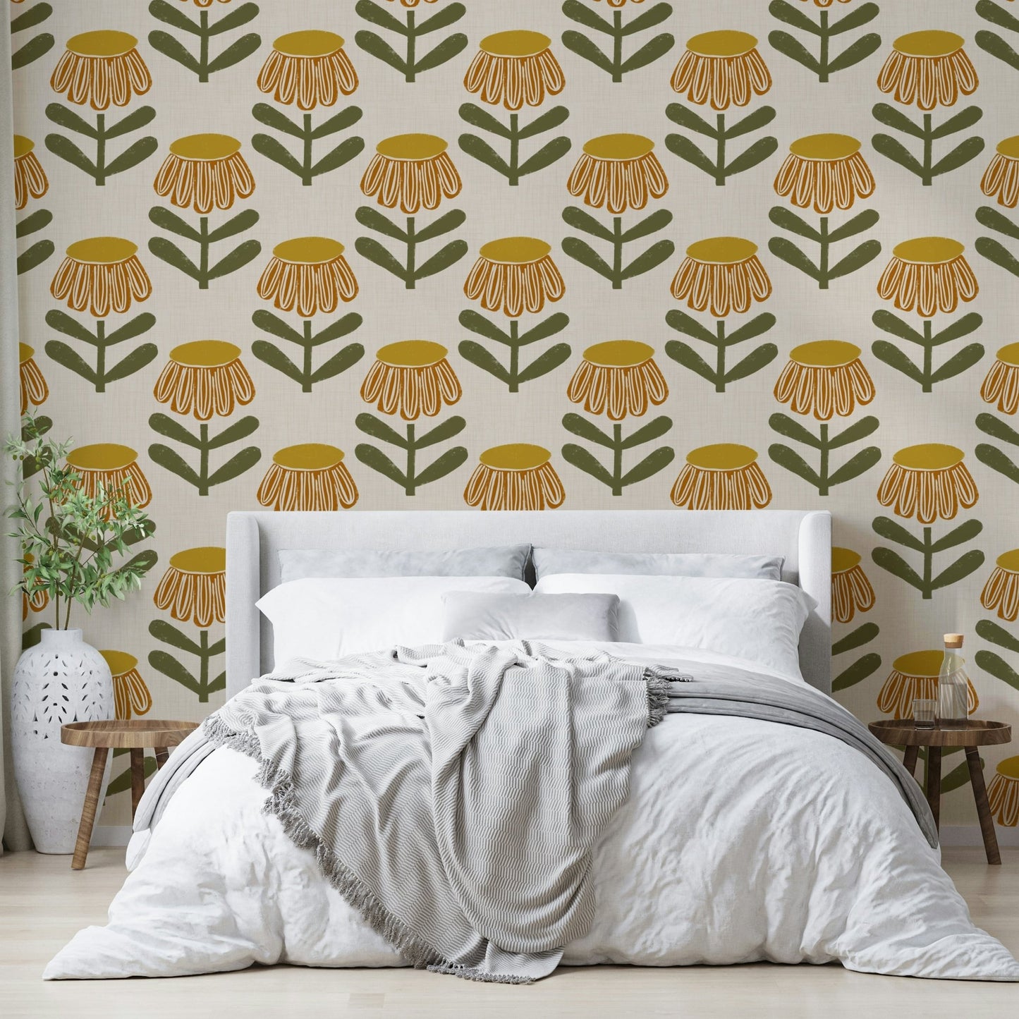 Mustard yellow retro floral daisy wallpaper
 GD646
