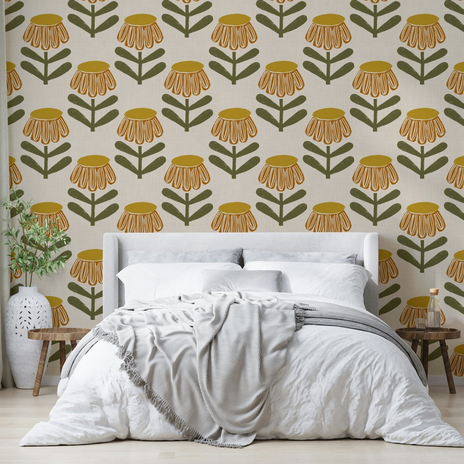 Mustard yellow retro floral daisy wallpaper
 GD646
