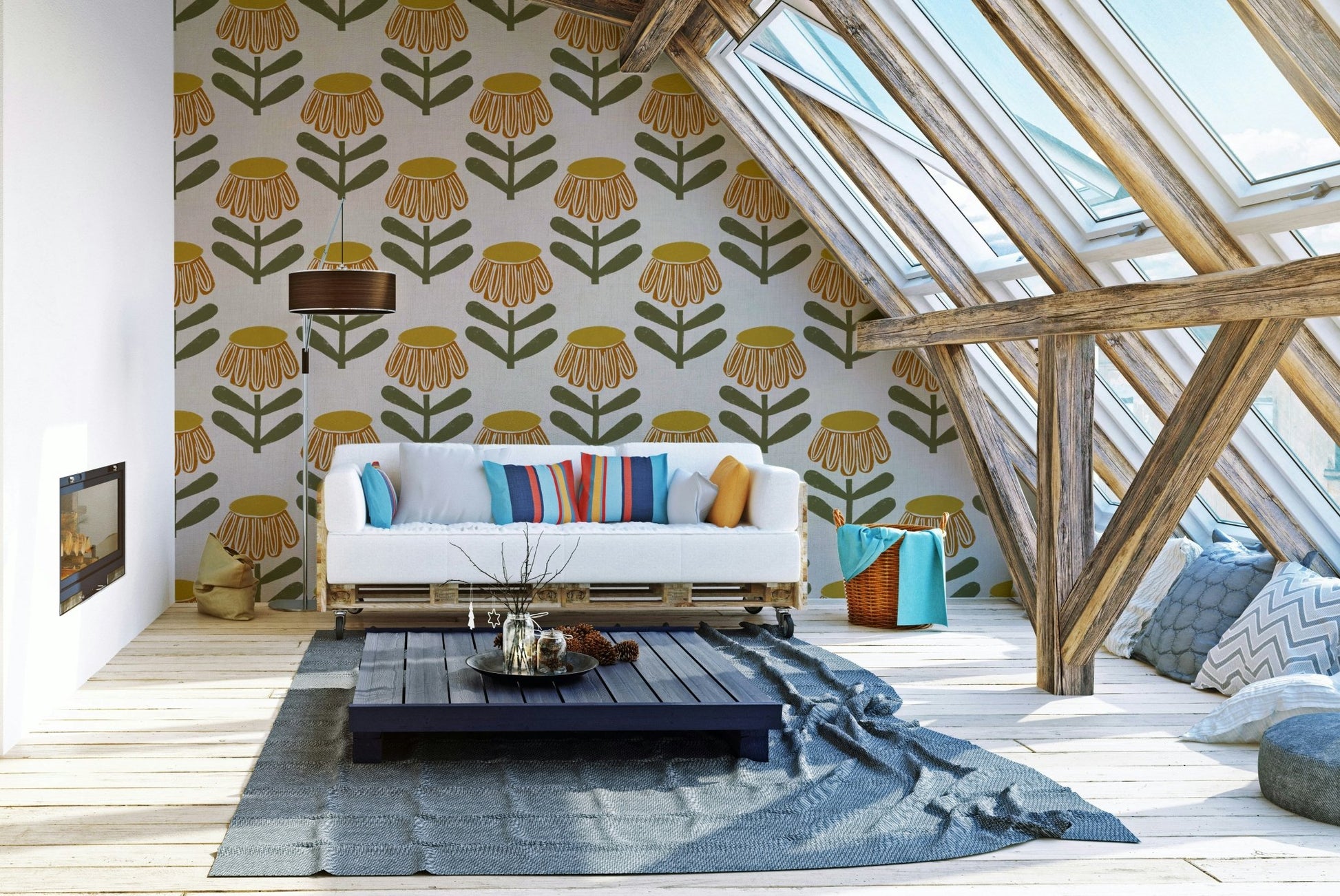 Mustard daisy floral wallpaper retro style
 GD646
