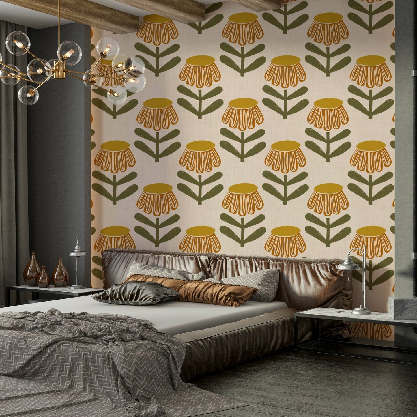 Retro daisy wallpaper in mustard yellow hues GD646

