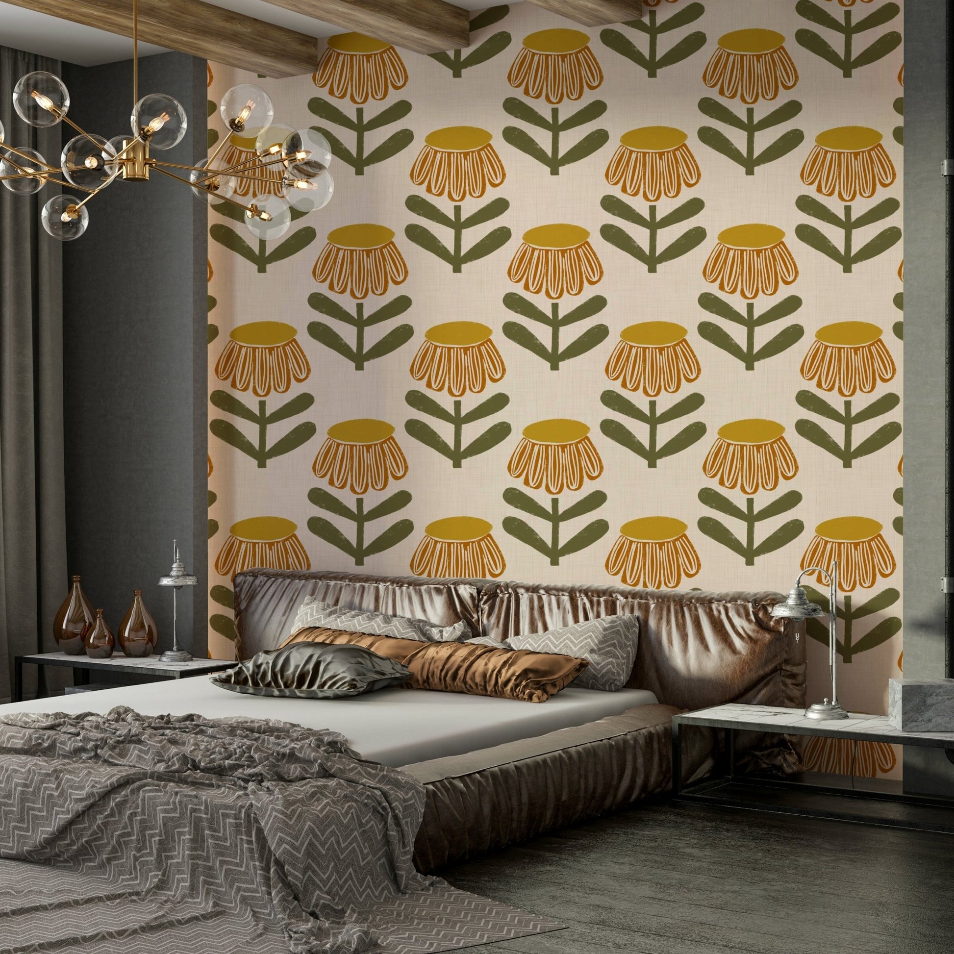 Retro daisy wallpaper in mustard yellow hues GD646


