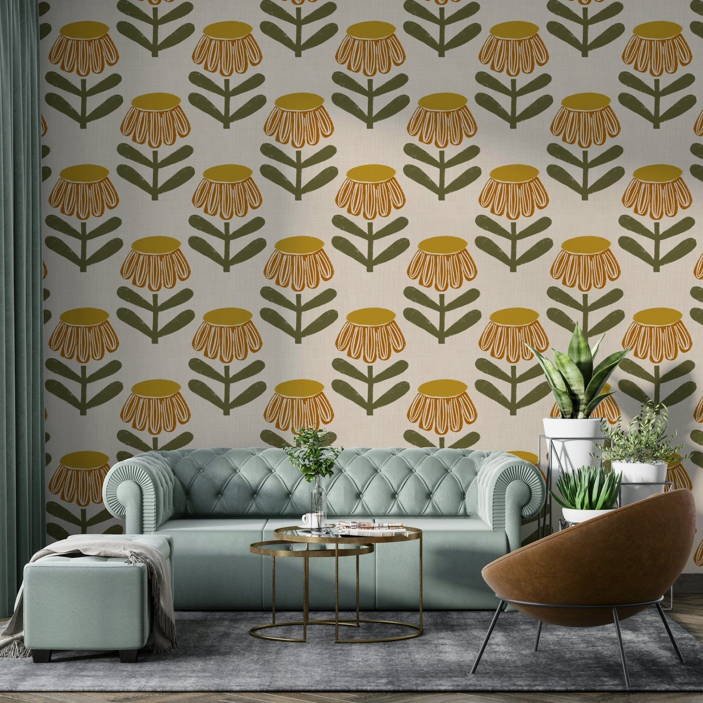Mid century modern floral mustard wallpaper GD646

