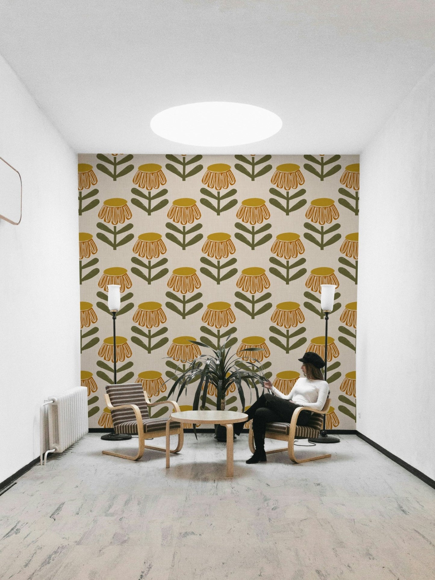 Mid century daisy wallpaper mustard tones GD646

