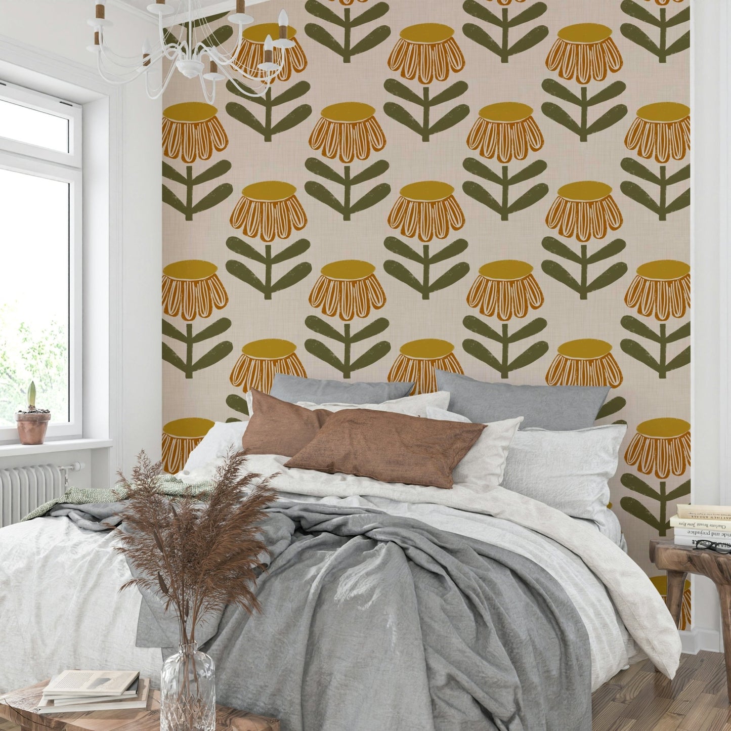 Mid century modern mustard daisy wallpaper GD646


