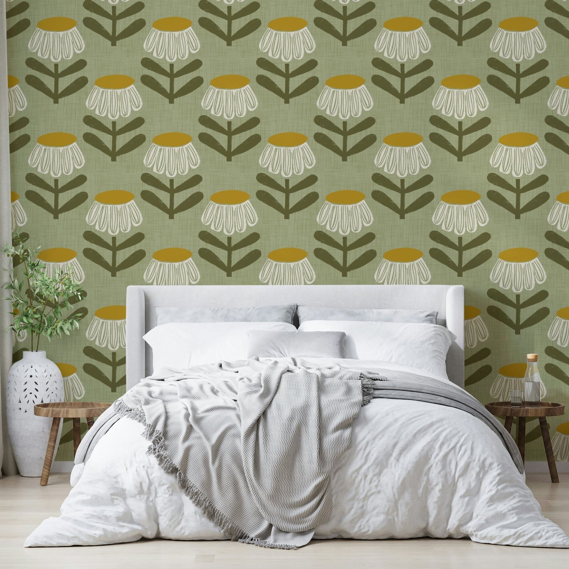 Retro sage floral wallpaper with daisies

