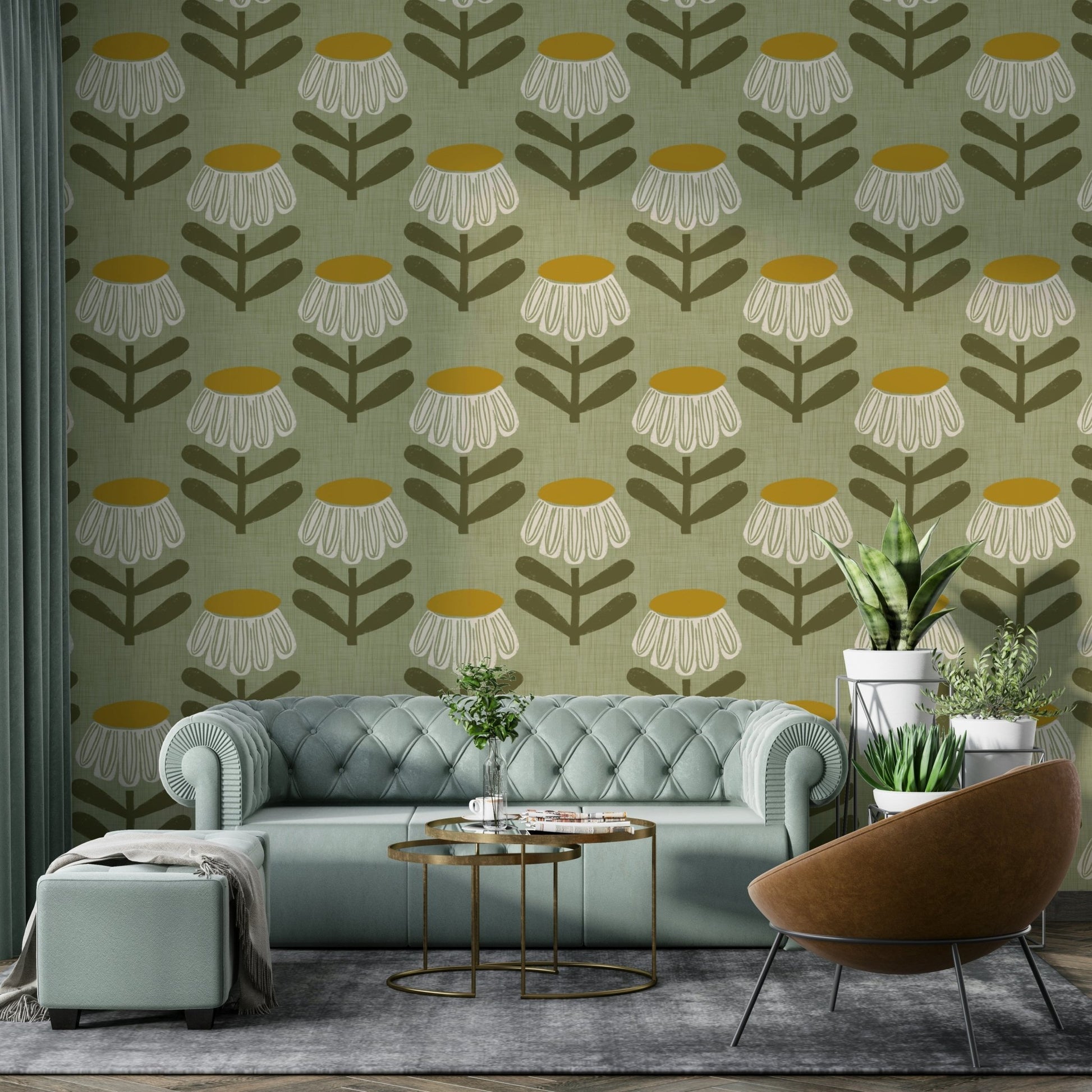 Sage green retro floral daisy wallpaper


