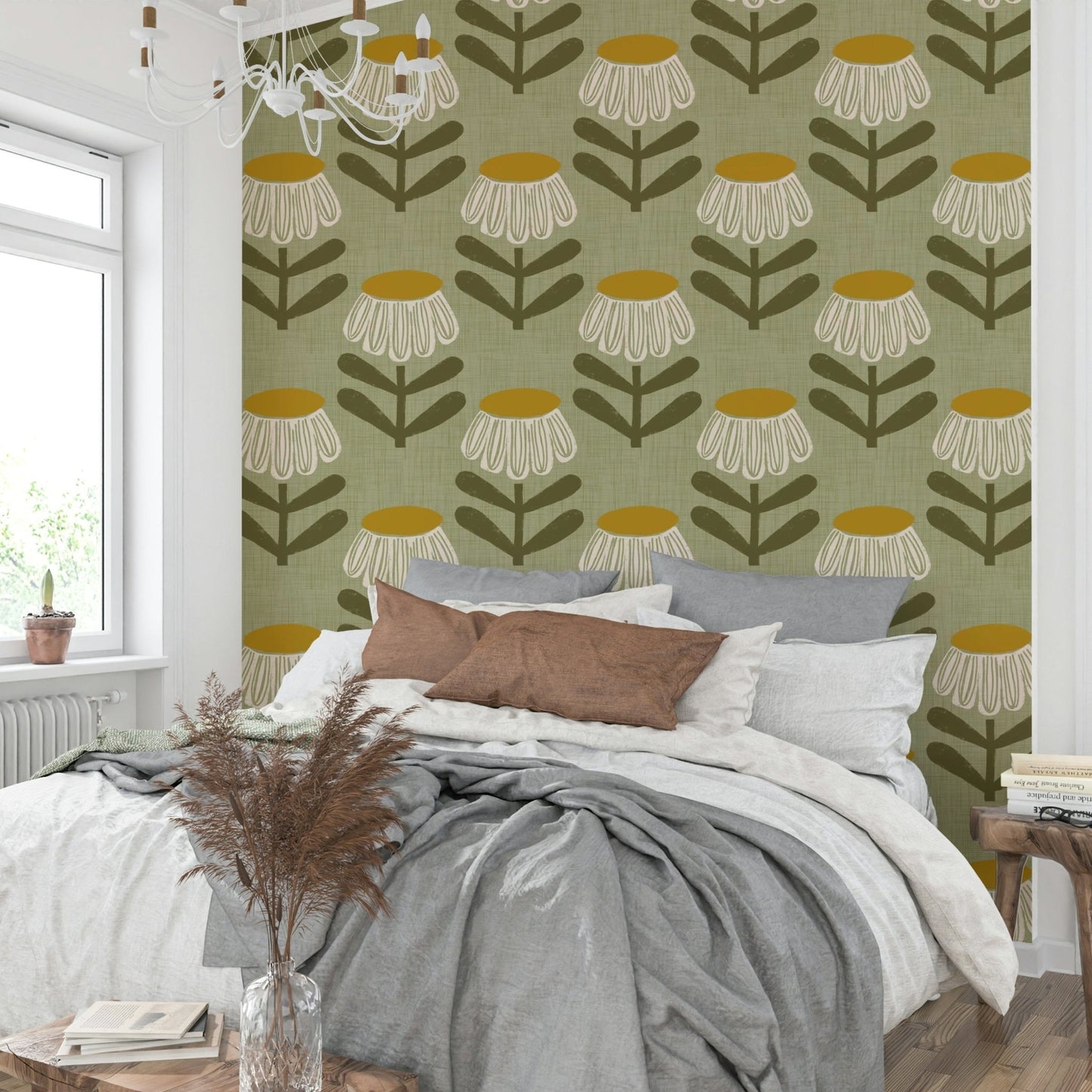 Retro daisy wallpaper in sage green hues

