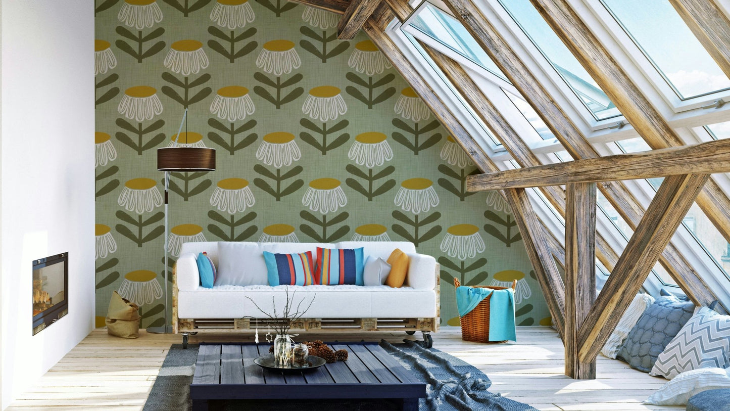 Retro floral sage daisy wallpaper design

