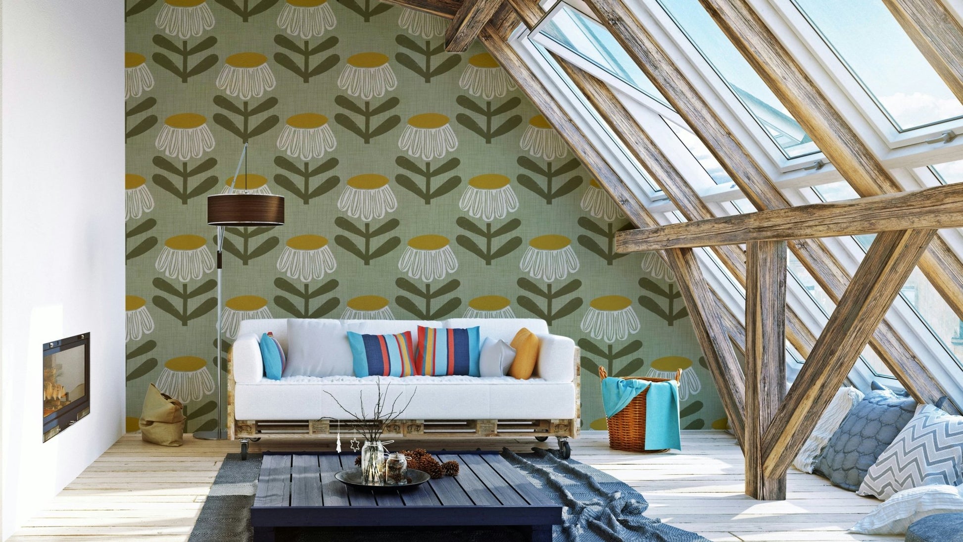 Retro floral sage daisy wallpaper design

