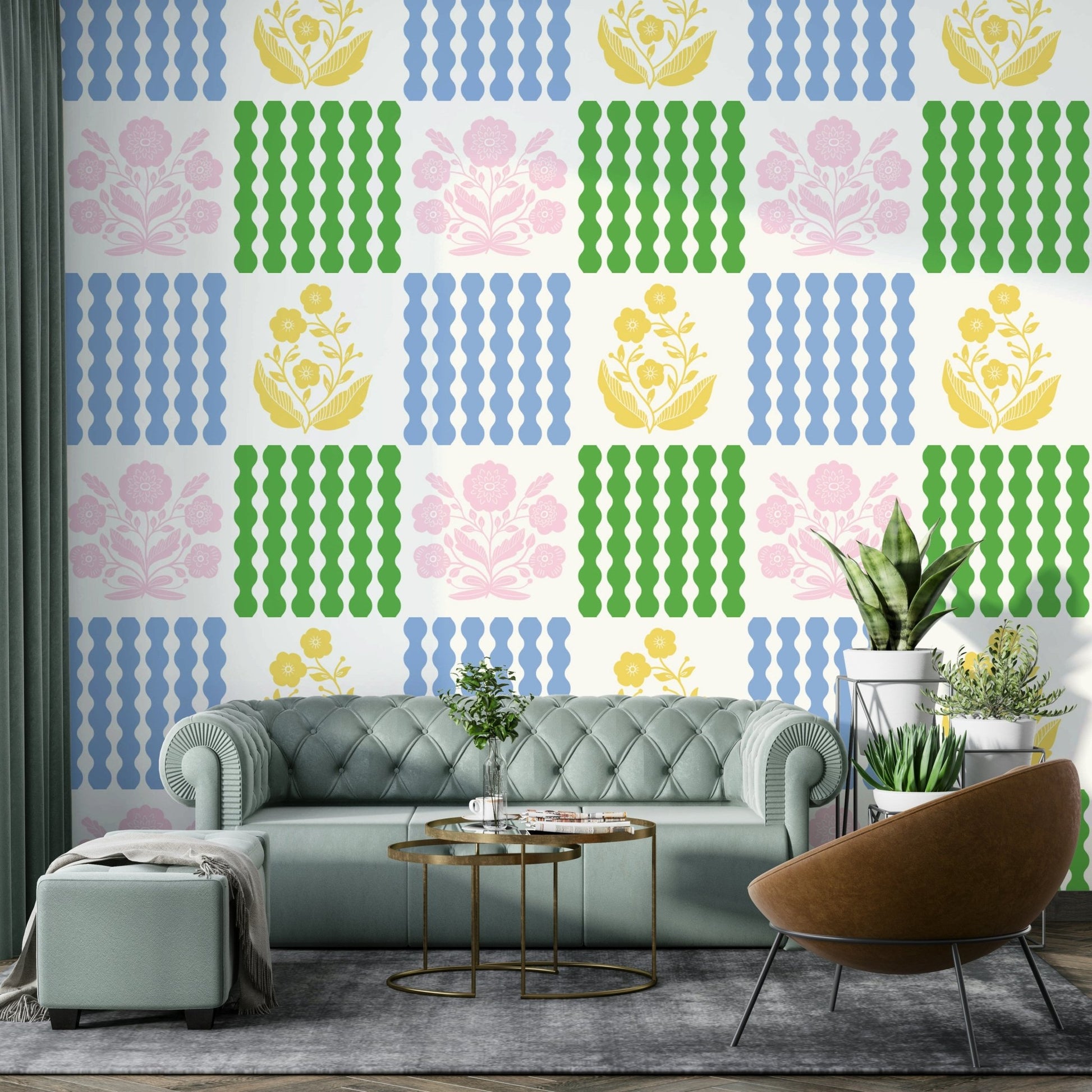 Fluid, undulating wave motifs.

