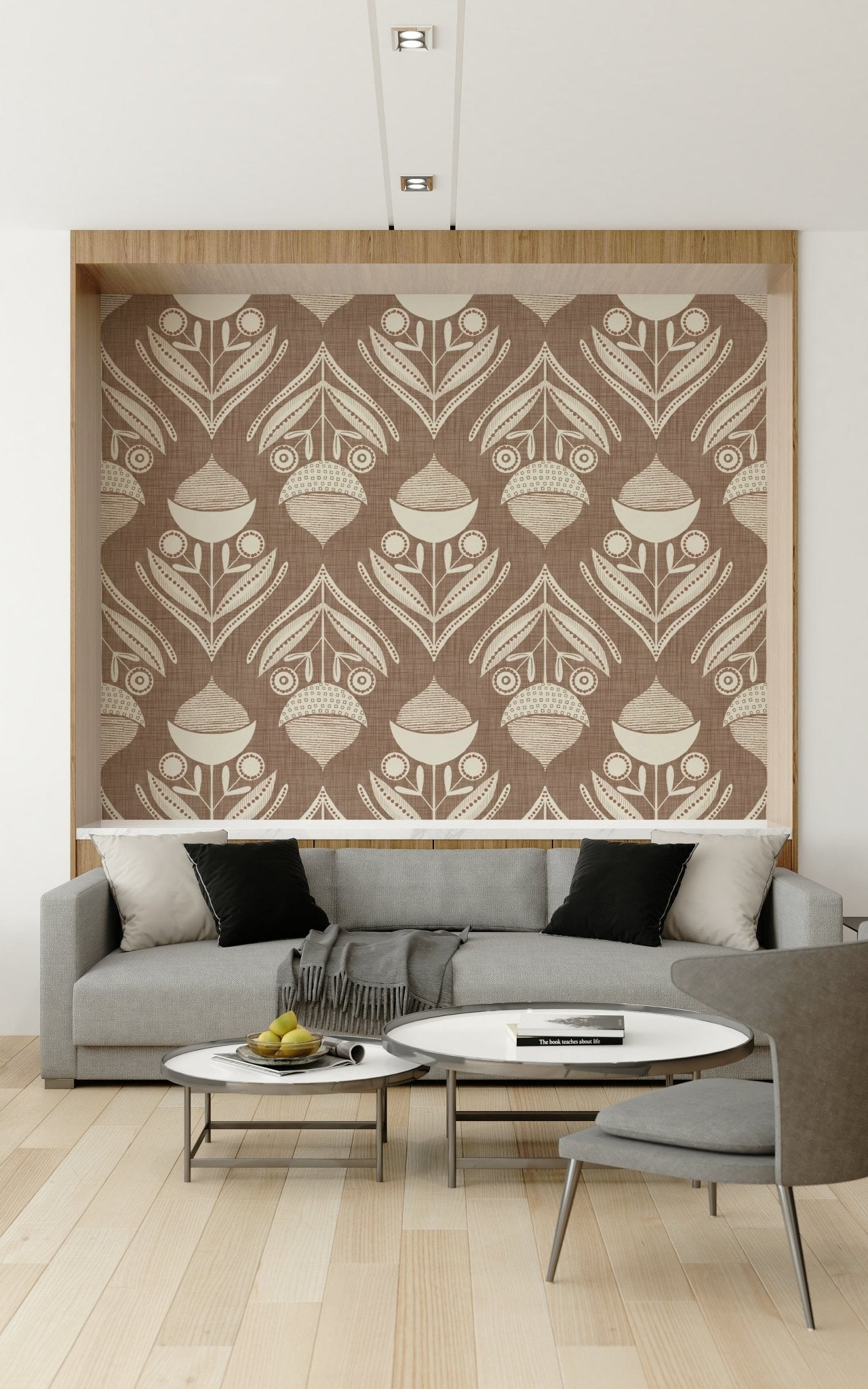 Retro Folk Floral Wallpaper featuring quaint, stylized seed pods., GD6602