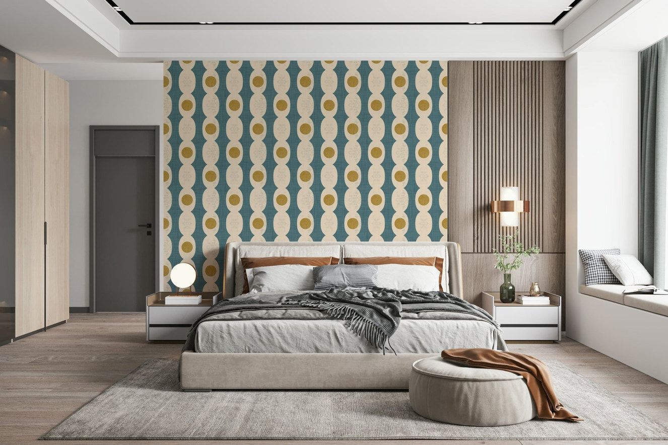 Retro Fusion repeating oval shapes and gold dots wallcovering.