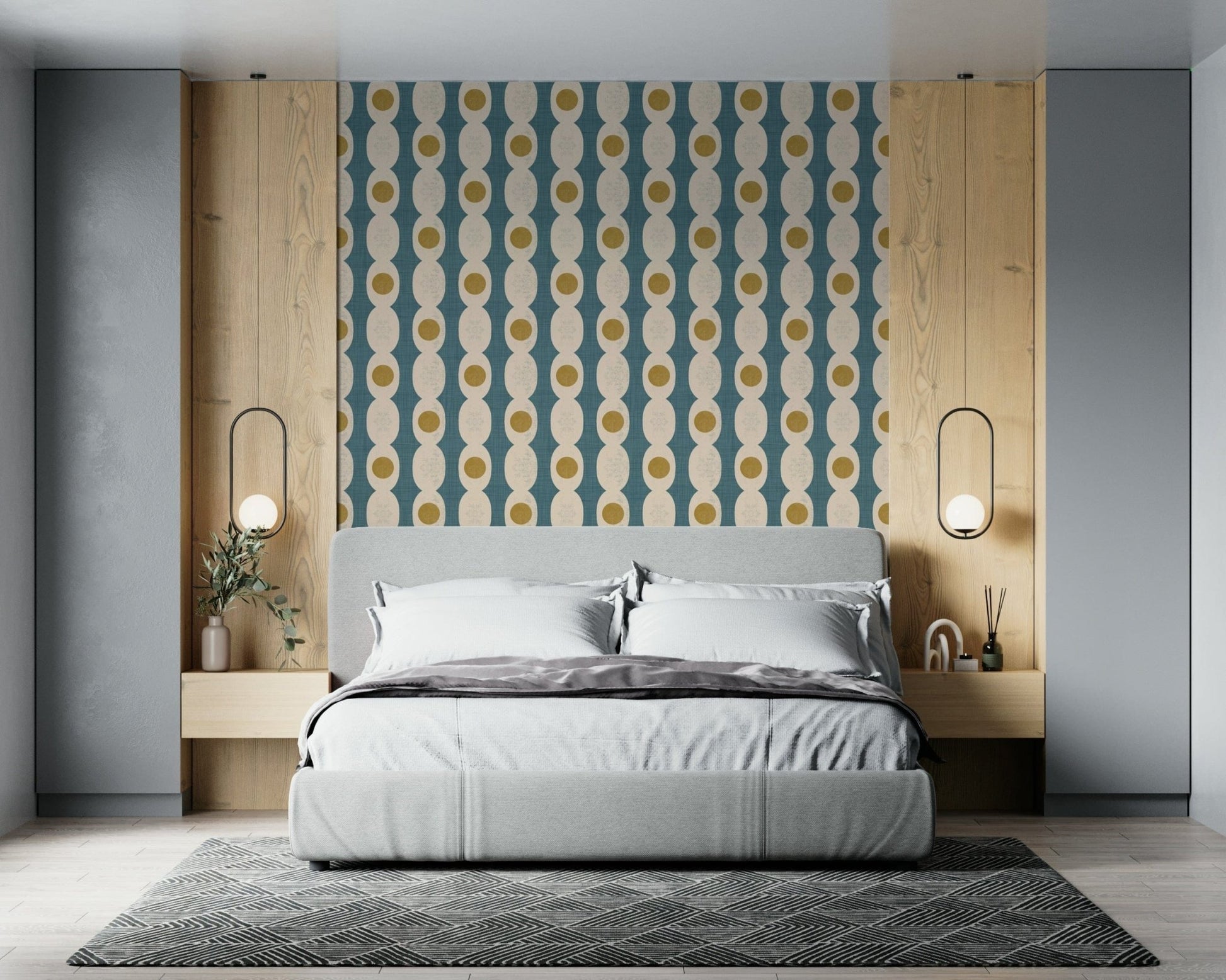 Abstract geometric wall mural blue gold design.