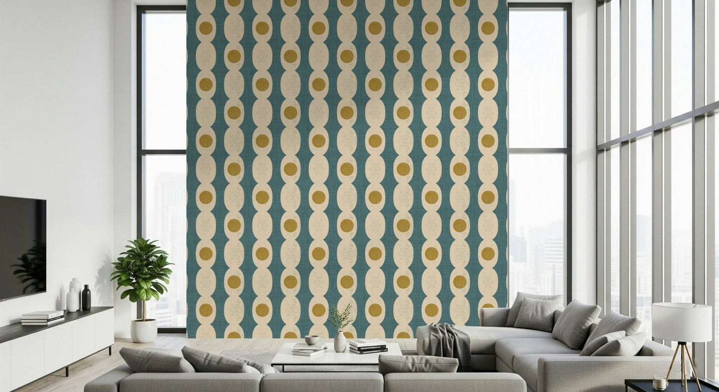 Retro Fusion Wallpaper accent wall with abstract egg shapes.
