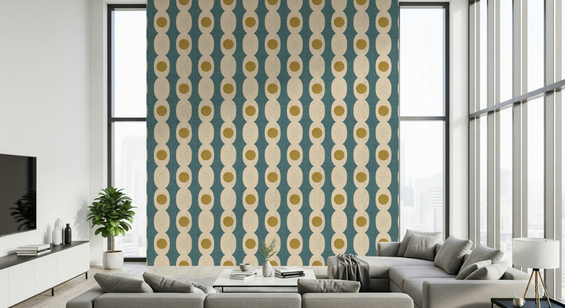 Retro Fusion Wallpaper accent wall with abstract egg shapes.
