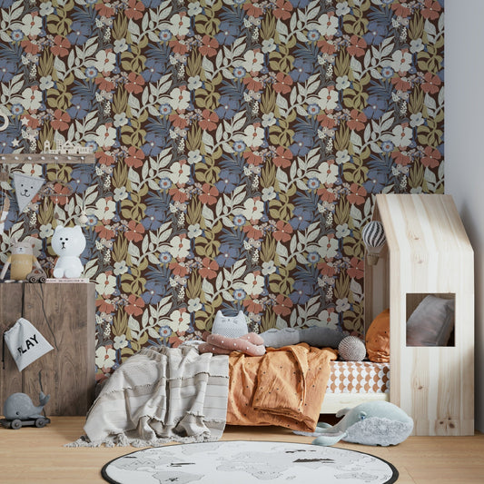 Vibrant red, orange, and yellow flowers with a vintage flair


