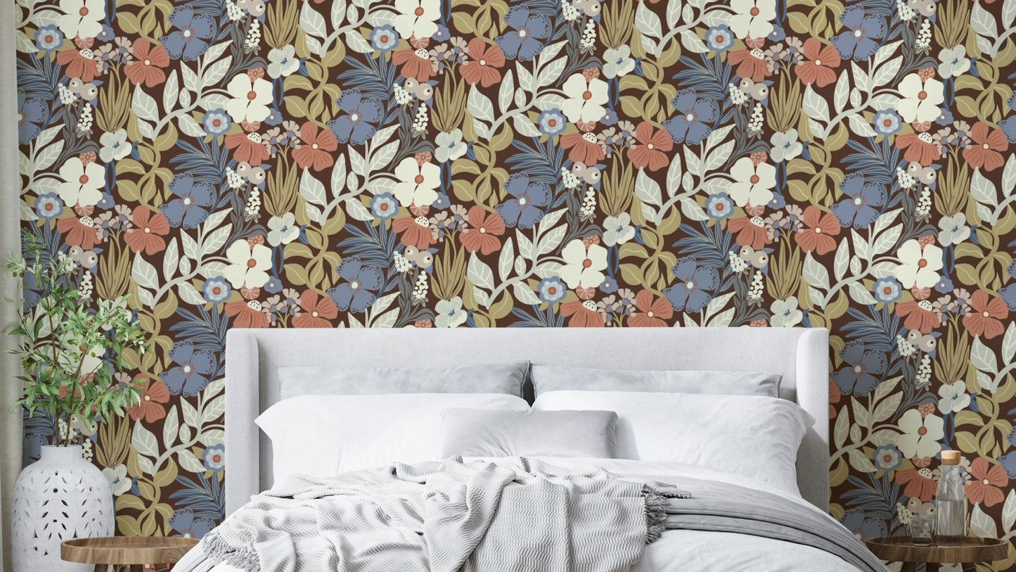 Retro Garden Reverie Wallpaper featuring bold, colorful blooms

