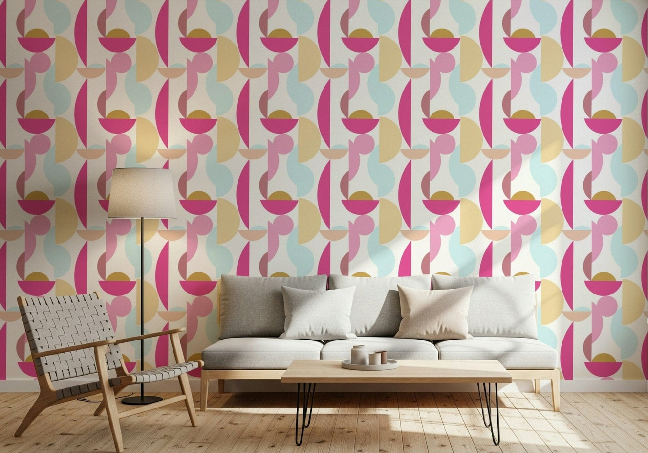 Bold fuchsia and gold geometric tile, Retro Geo Blush.
