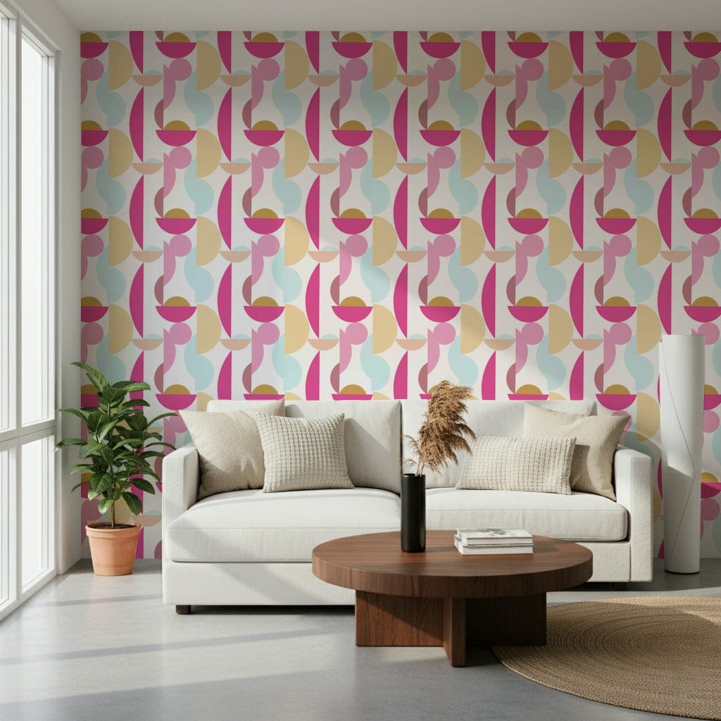 Wall design with warm ochre shapes, Retro Geo Blush.