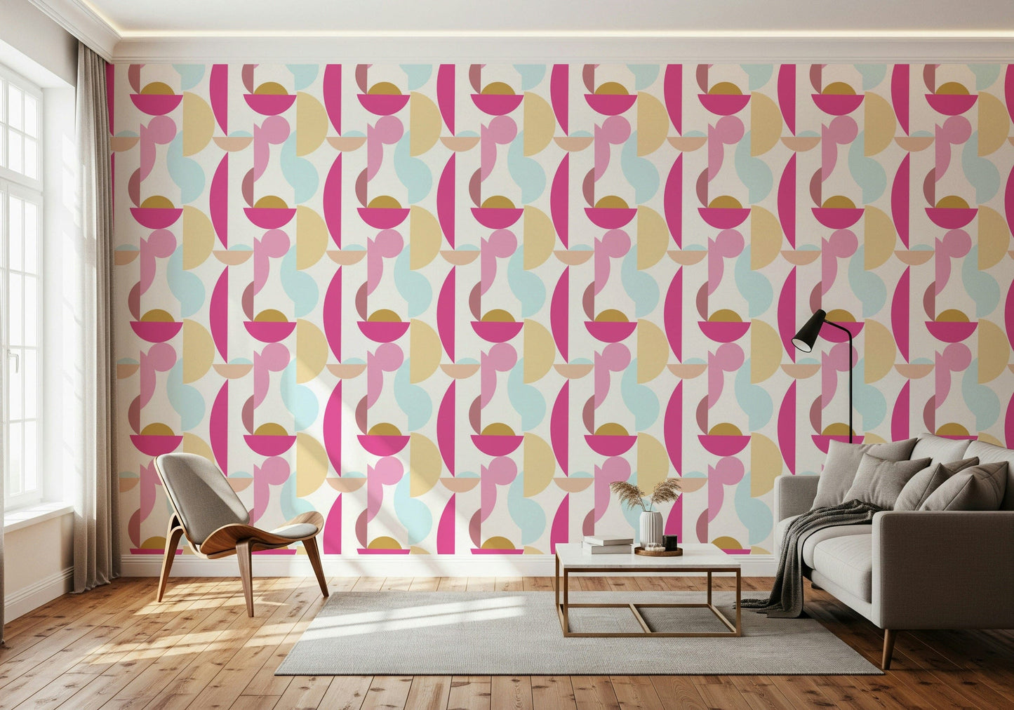 Blush tones and abstract curves, Retro Geo Blush mural.