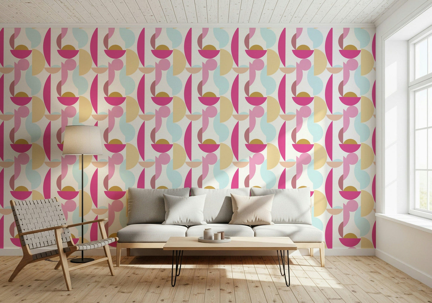Bold fuchsia and gold geometric tile, Retro Geo Blush.
