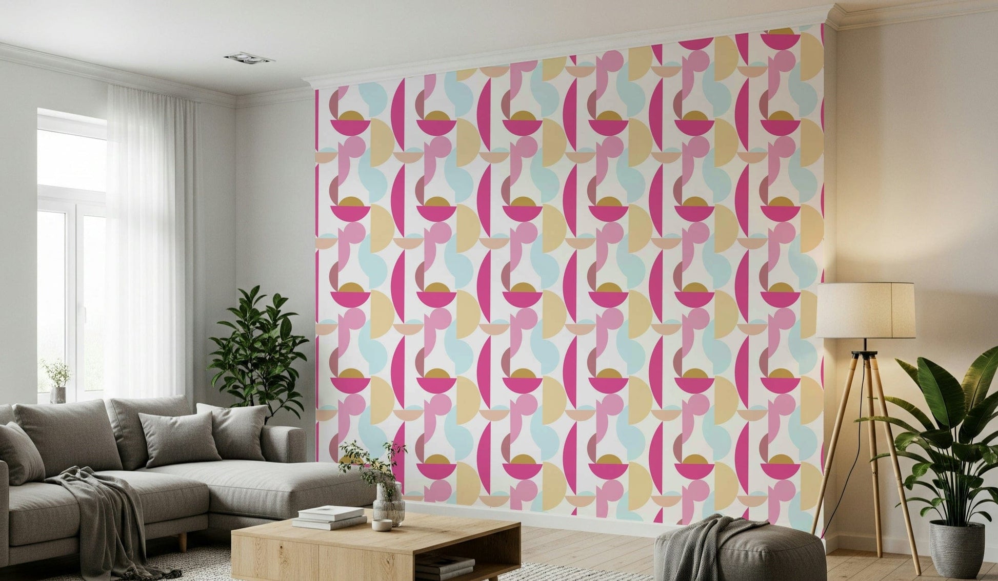 Retro Geo Blush: Pink and gold geometric wallpaper pattern.