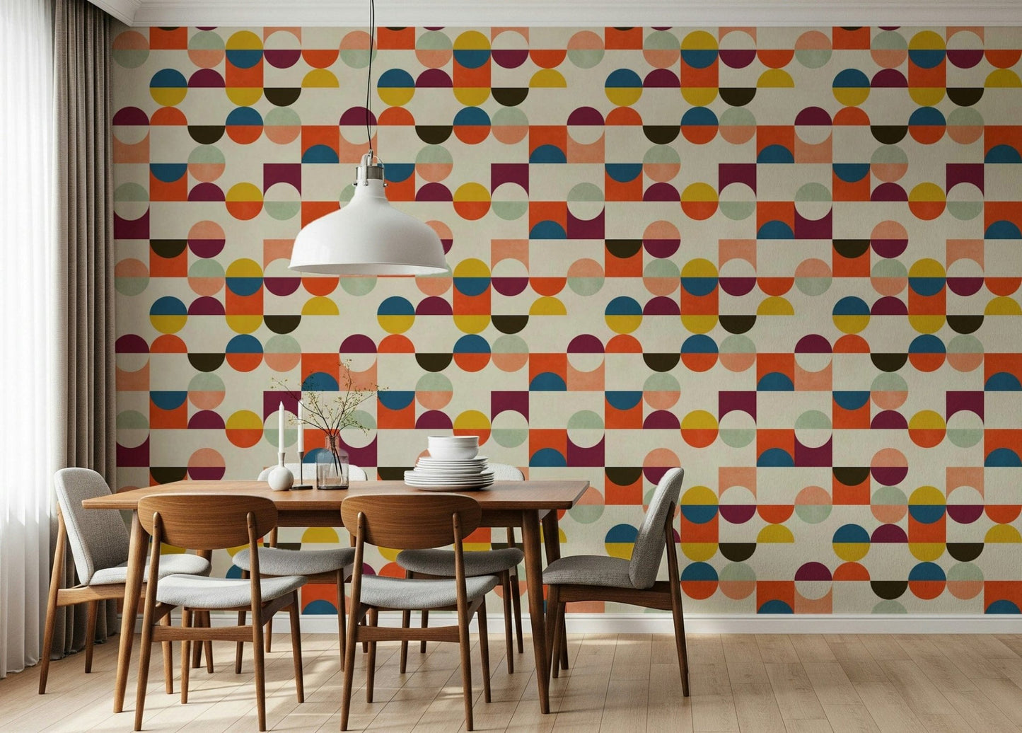 Geometric wallpaper Geo Harmony wall covering colorful retro style.