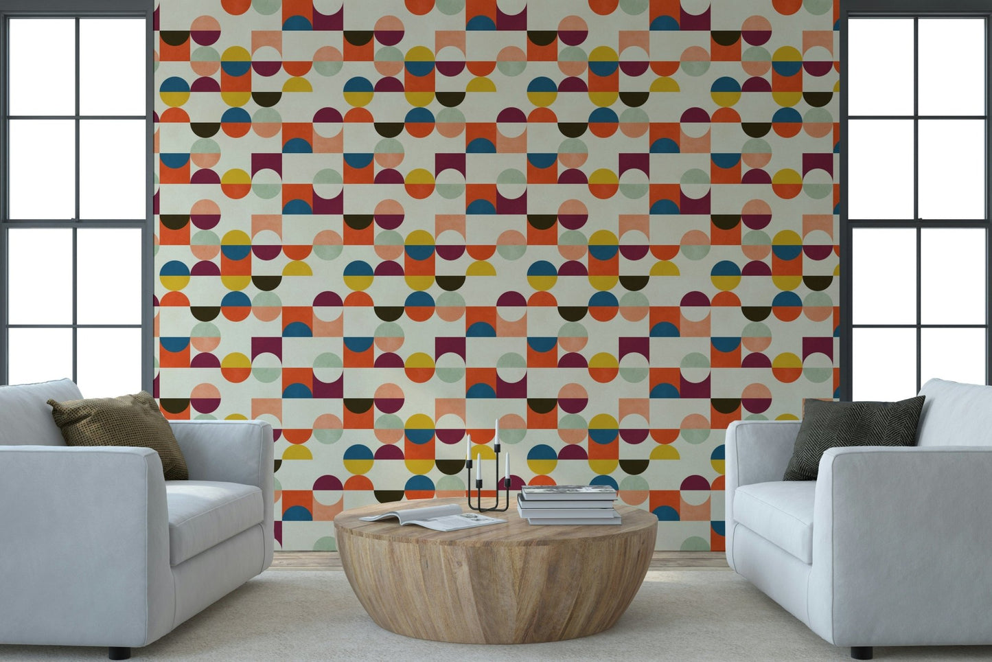Artistic wall mural Retro Geo Harmony circles squares color block.