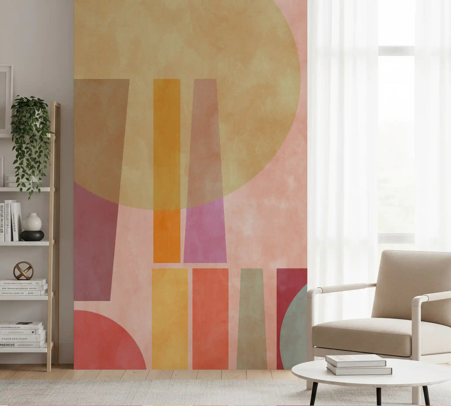 Office Home Retro Geo Play wall mural with layered abstract forms and pastel color