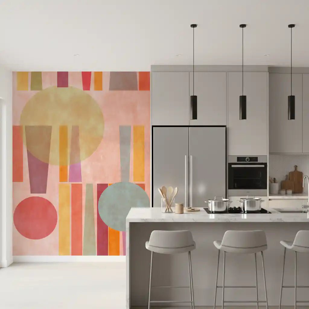 Geo Play wall mural with layered circles and vertical pastel abstract design