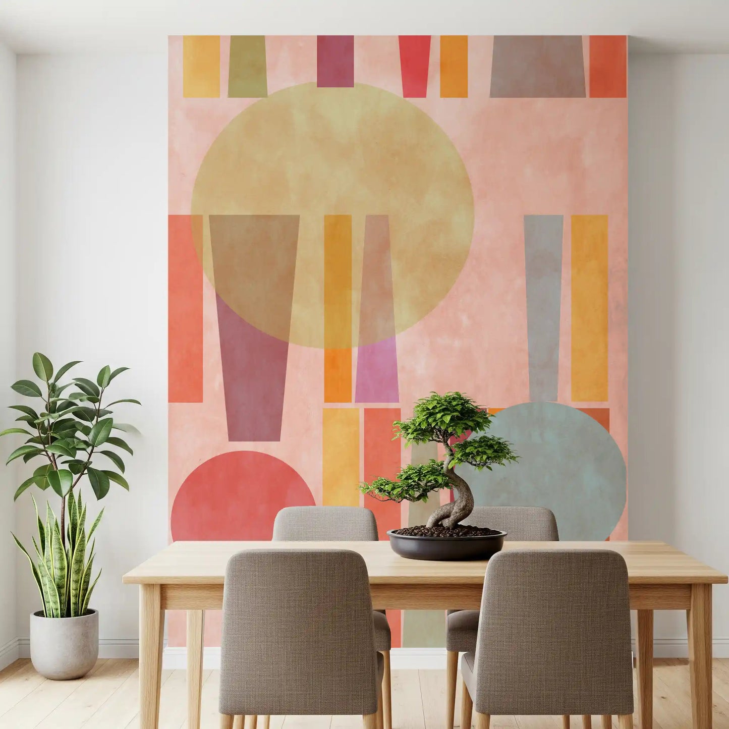 Dining area Retro Geo Play wall mural with pastel circles and soft geometric blocks