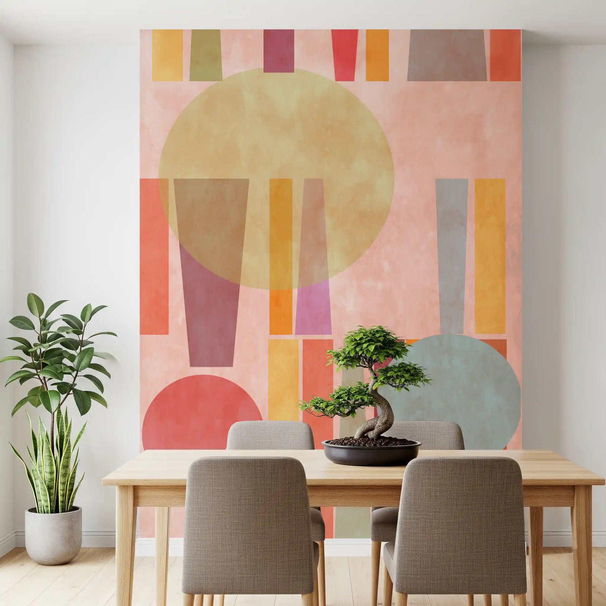 Dining area Retro Geo Play wall mural with pastel circles and soft geometric blocks