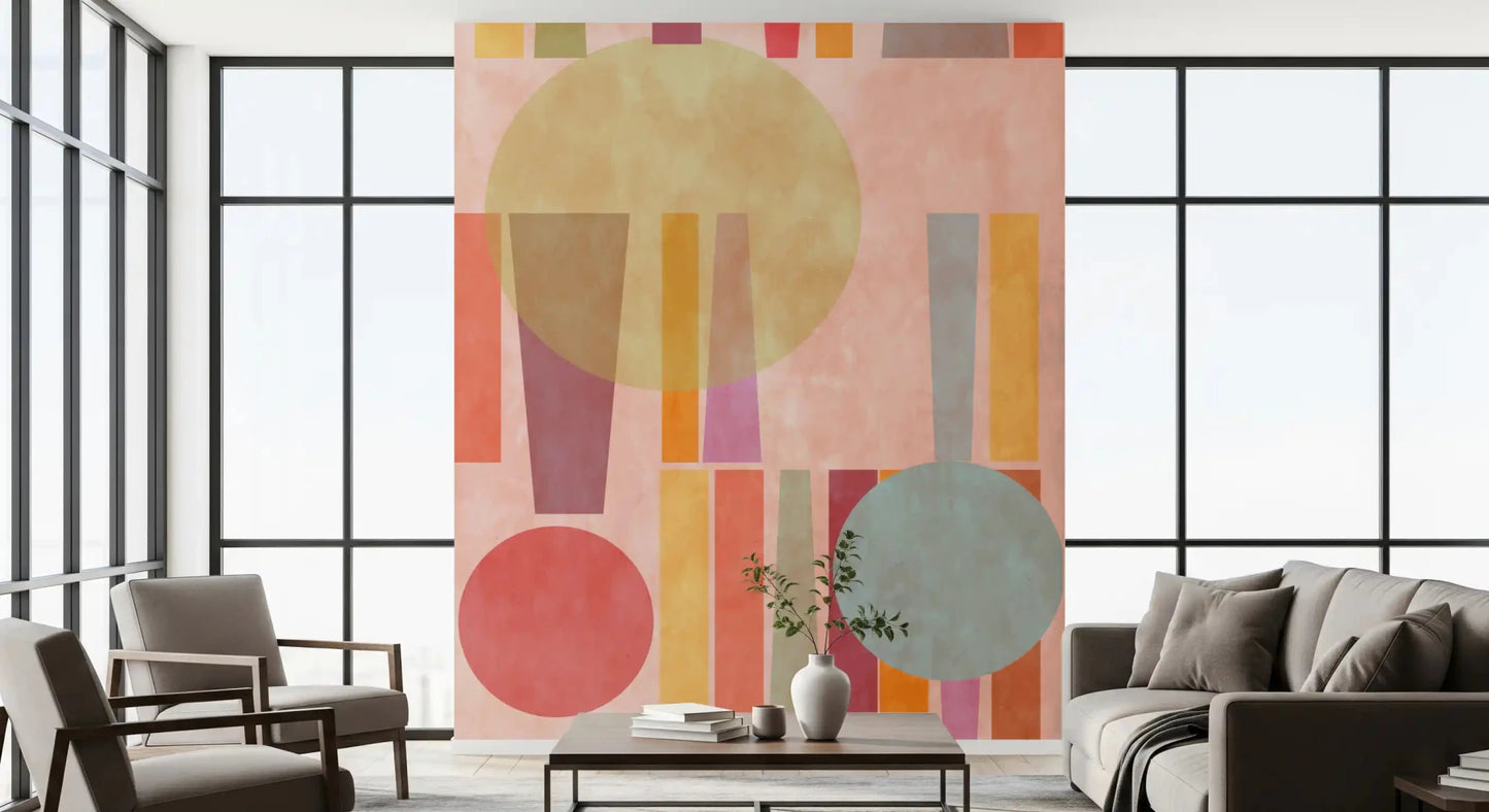 Soft-textured Geo Play wall mural in peach, orange, and muted beige layering
