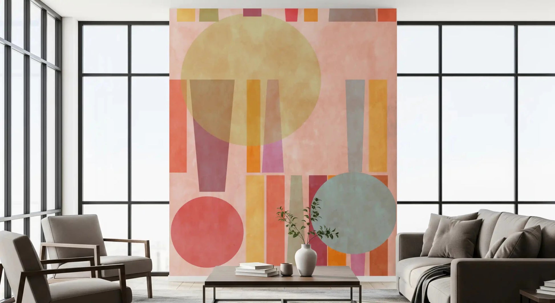 Soft-textured Geo Play wall mural in peach, orange, and muted beige layering