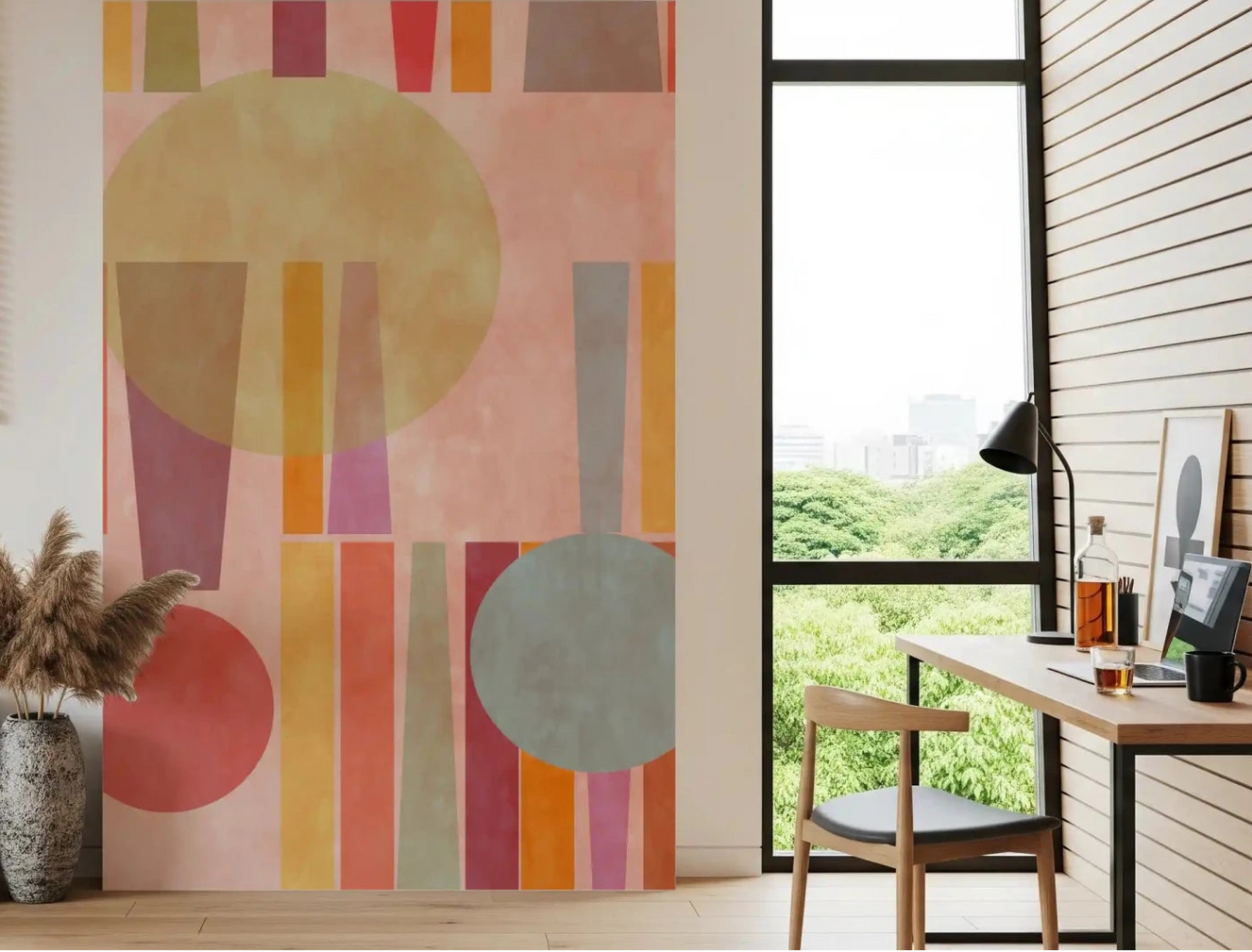 Office room Retro Geo Play wall mural in peach, coral, and ocher abstract shapes