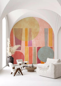 Retro Geo wall mural with coral circle accents and tall ocher shape details