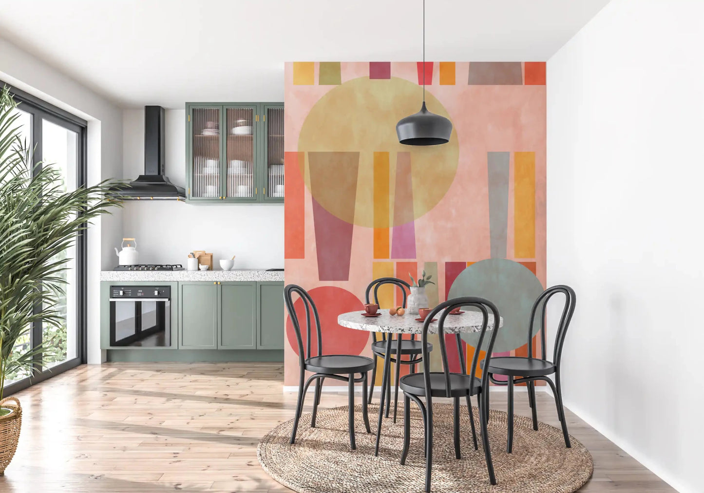 Dining and kitchen area Retro Geo Play wall mural in muted blush, terracotta, and blue tones