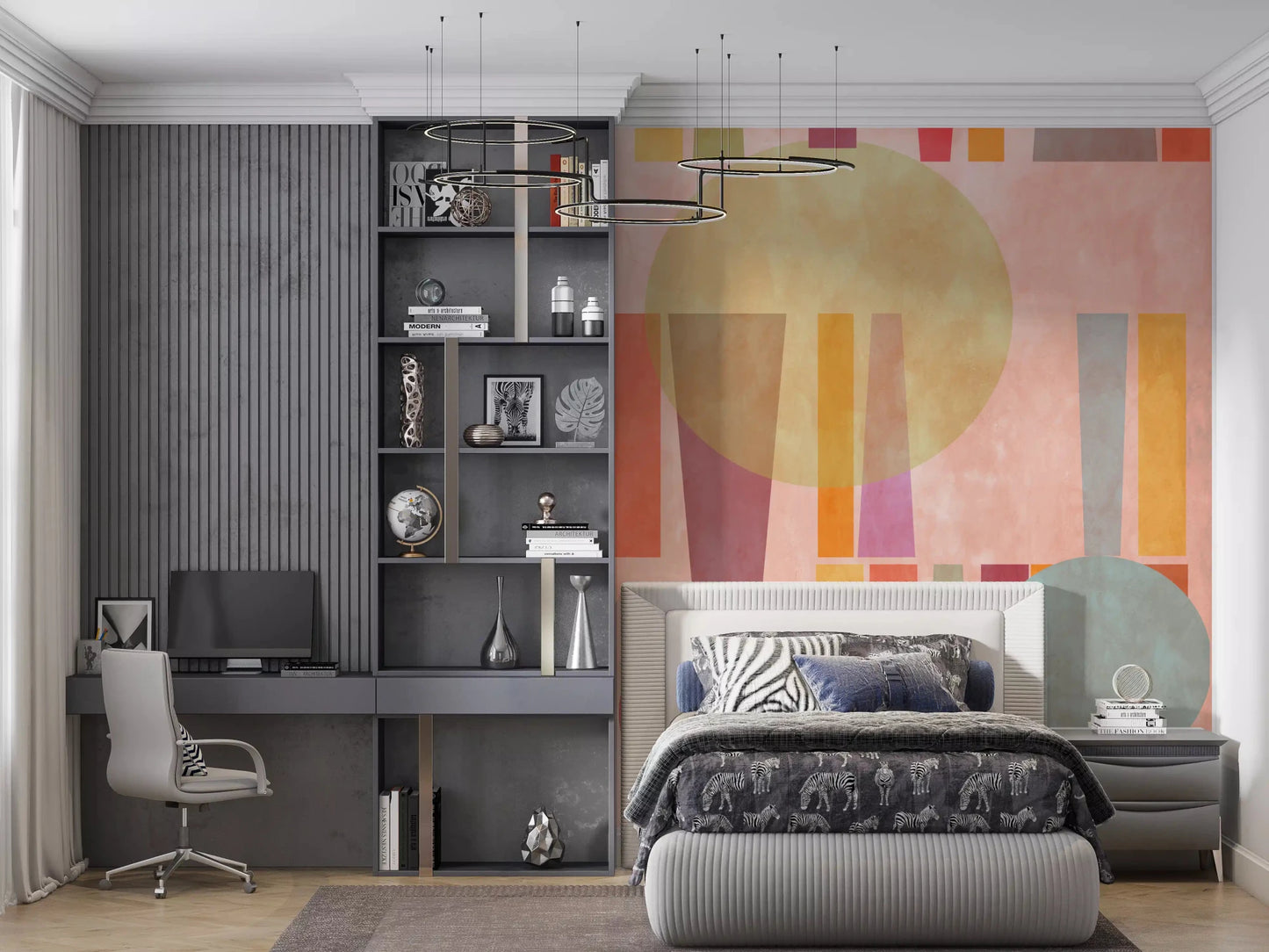 Modern Retro Geo wall mural in blush tones with elongated color block styling