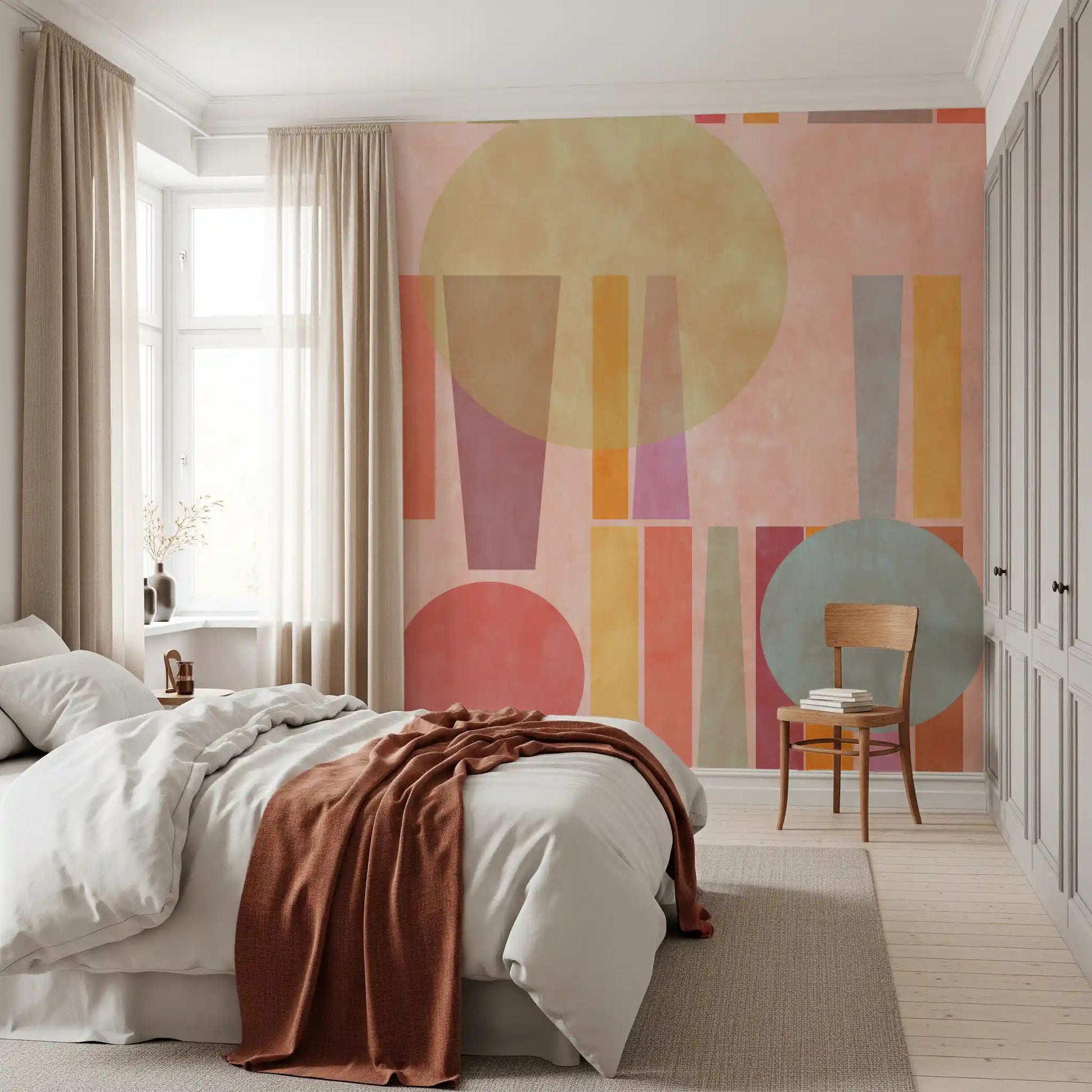 Retro Geo Play wall mural in coral, peach, and blue geometric composition