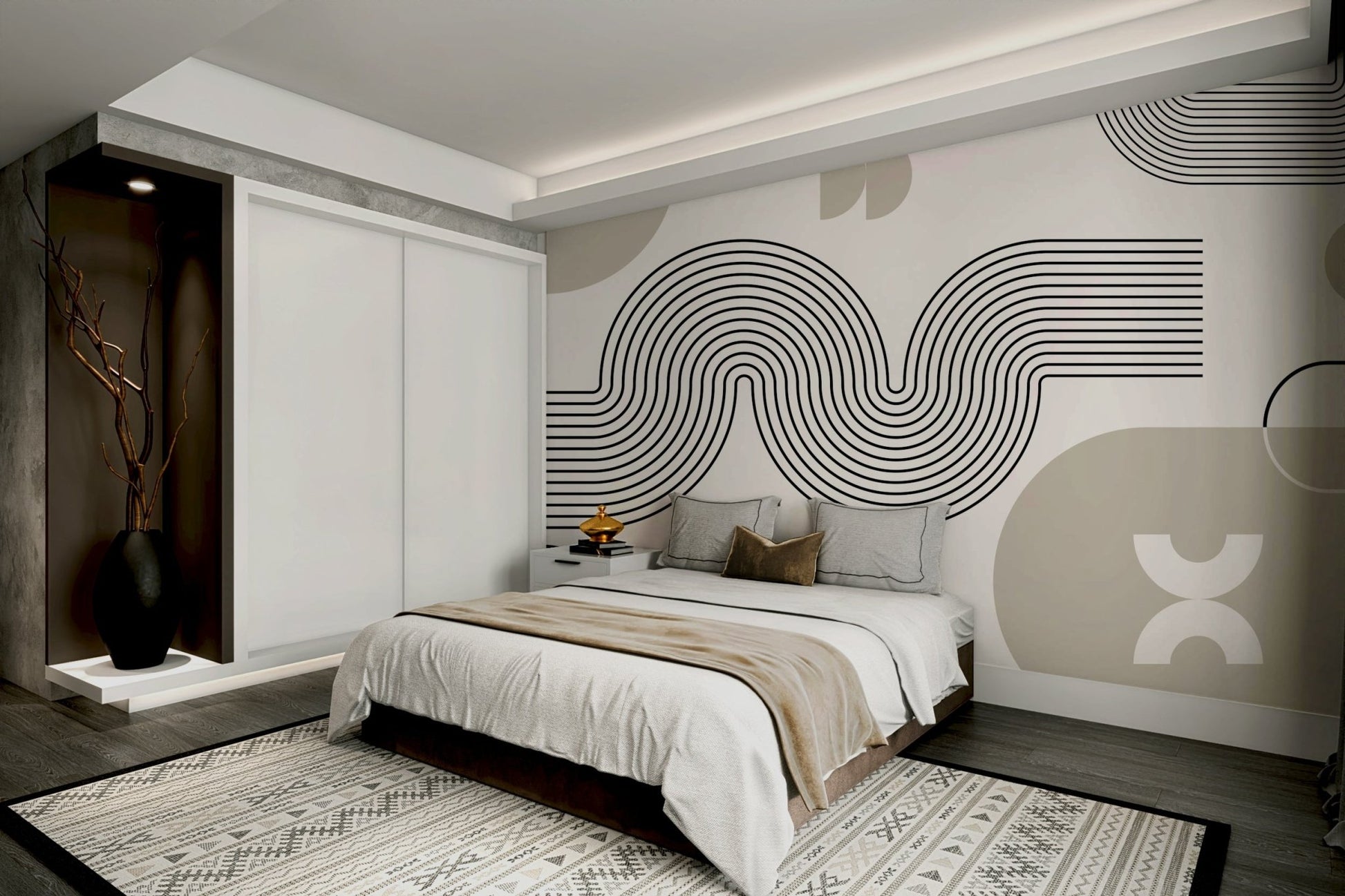 Bedroom accent wall with geometric wave design GD587

