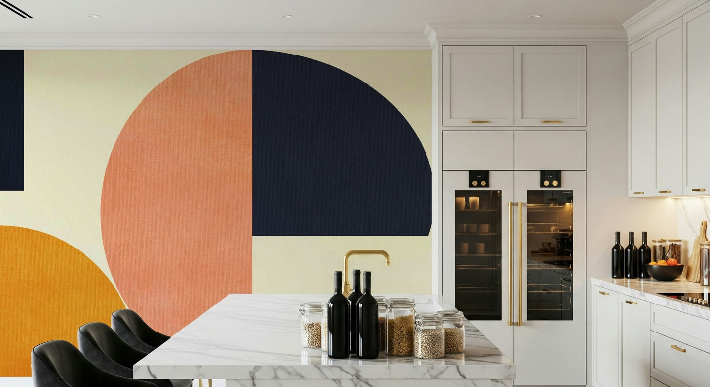A peaceful geometric design mural on decorative wallpaper.