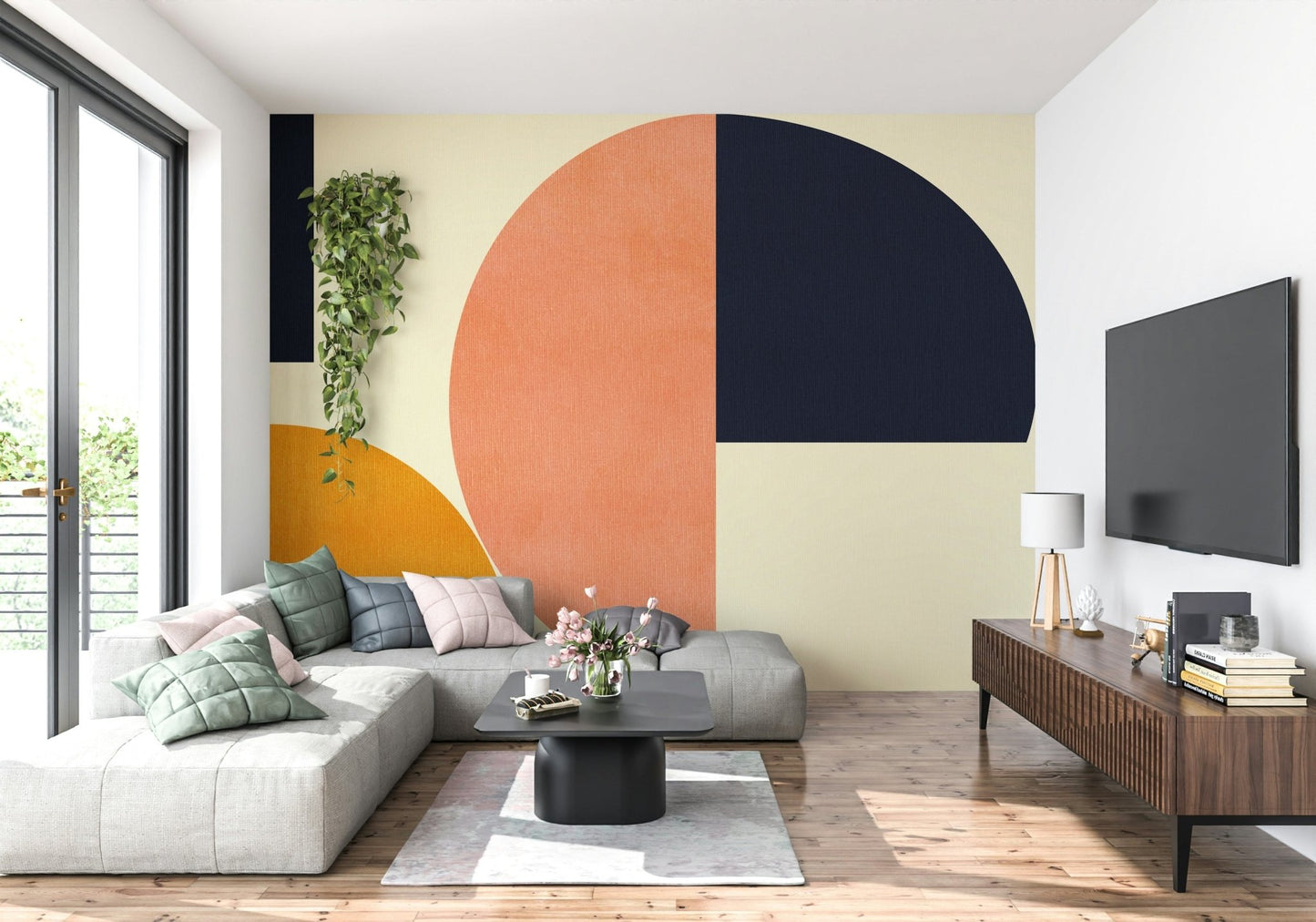 A serene abstract pattern wall mural with vintage shapes.