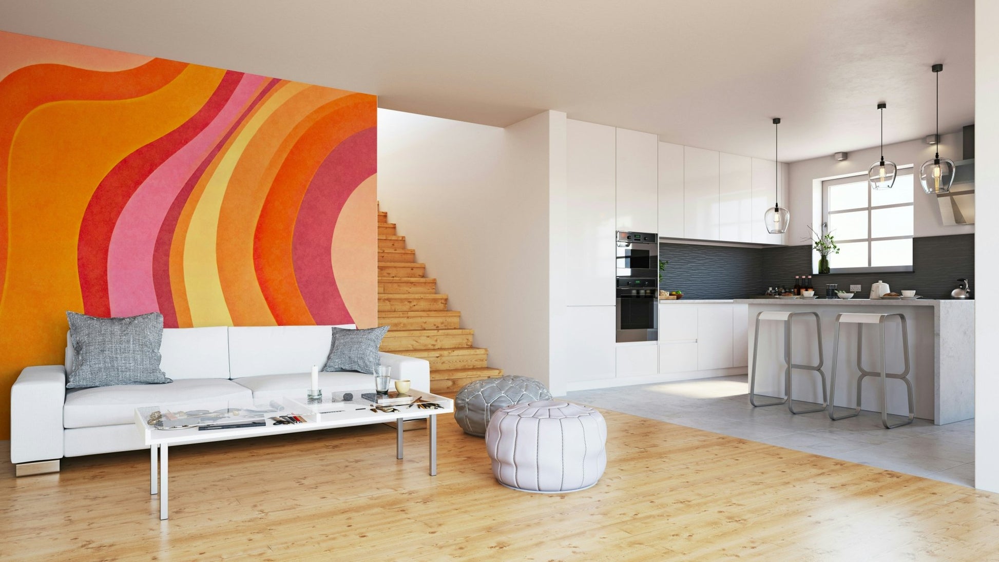 A creative studio with a fun, colorful wavy design

