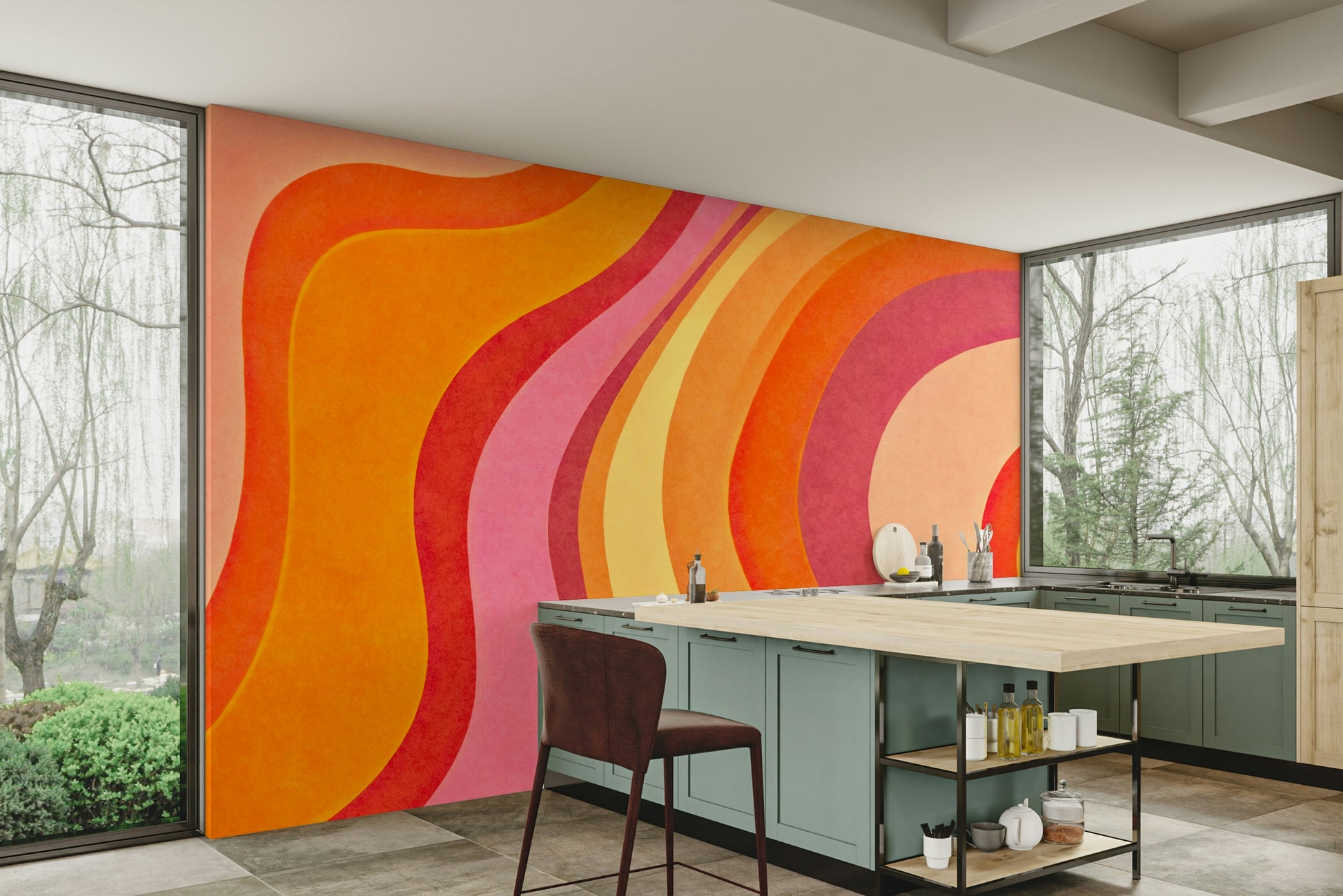 An angled shot of a wall with abstract, artistic wallpaper

