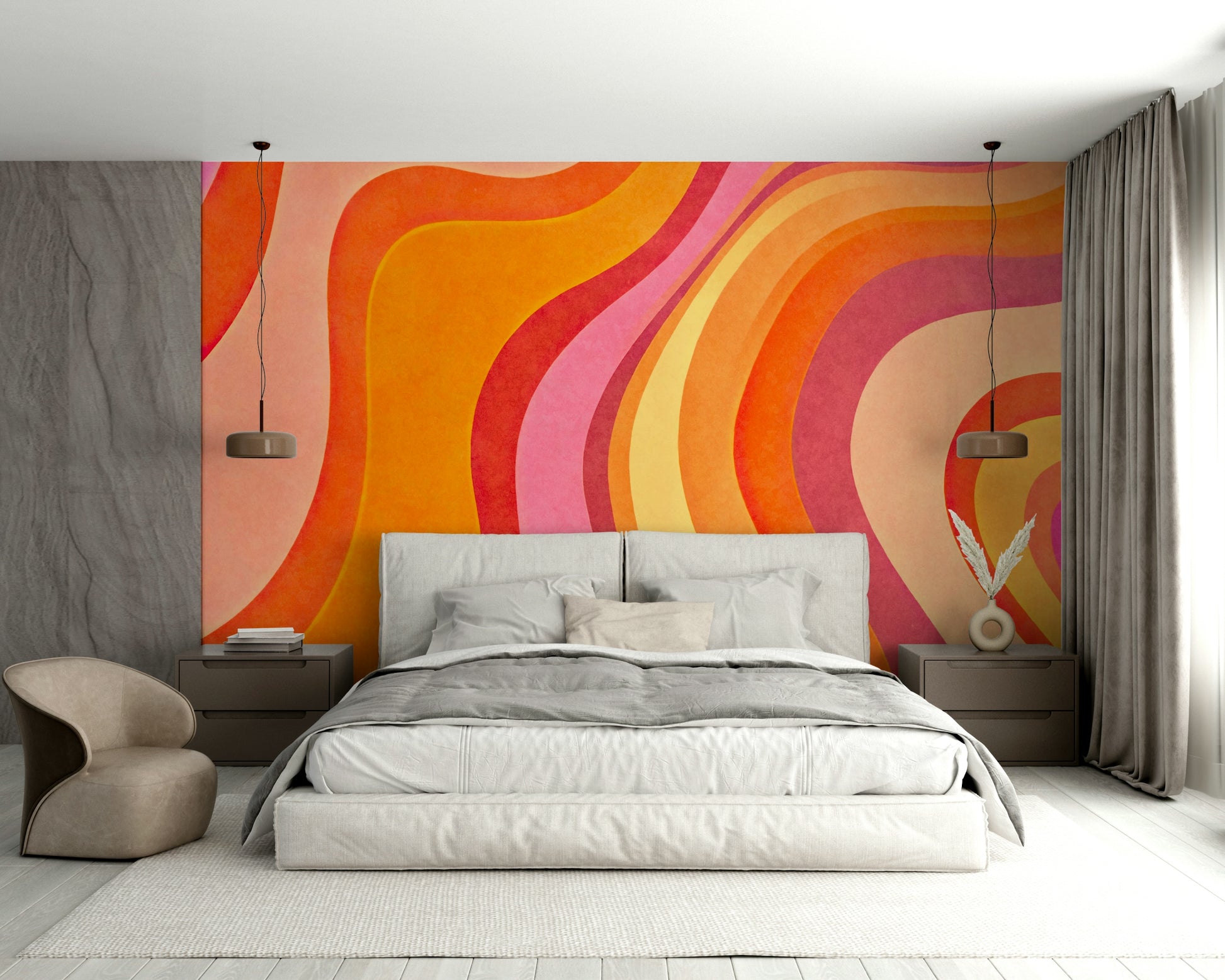 A sunroom decorated with a colorful wavy mural


