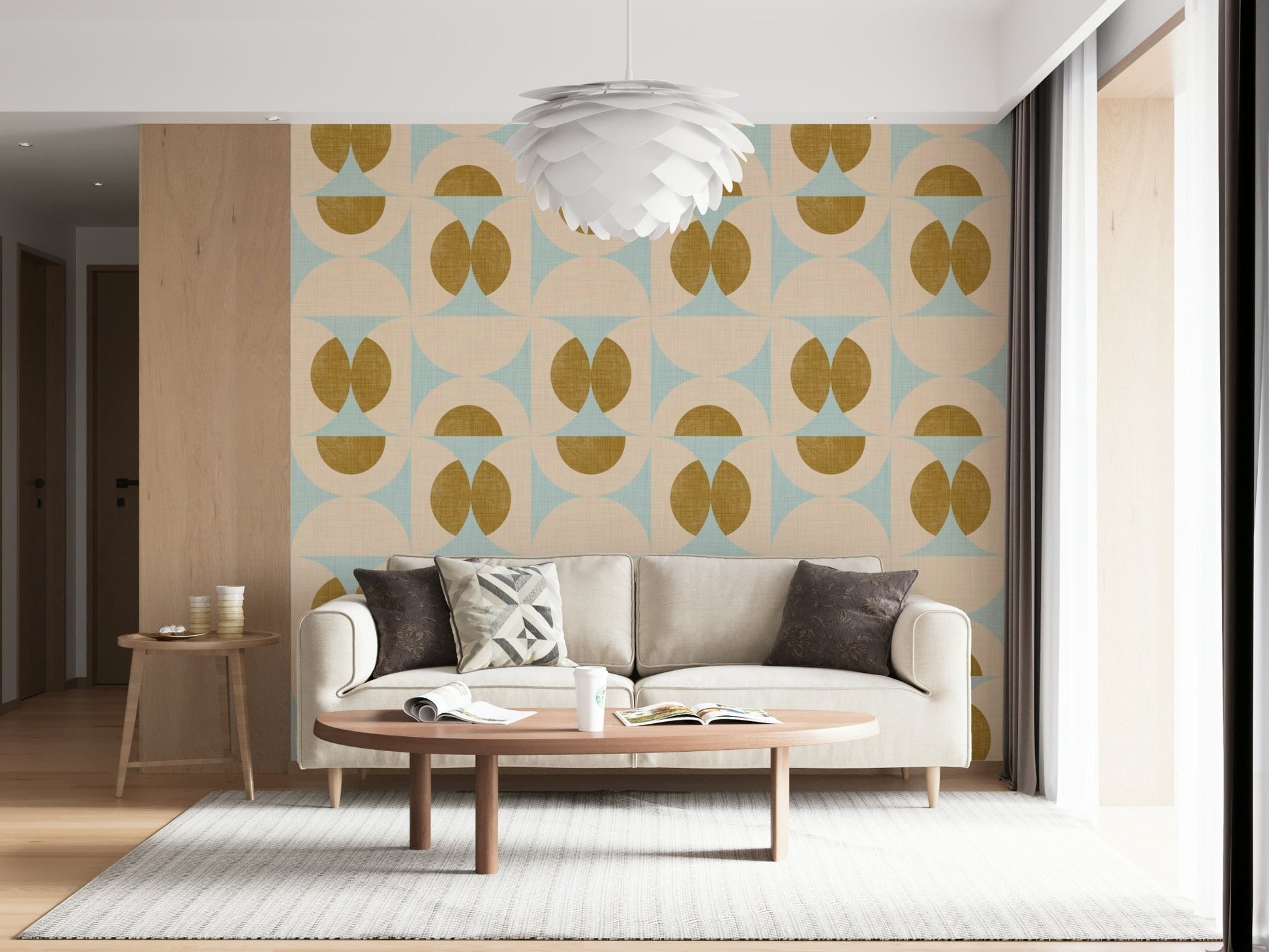 Hullabaloo gamboge Retro Harmony Splendid geometric wallpaper for walls.