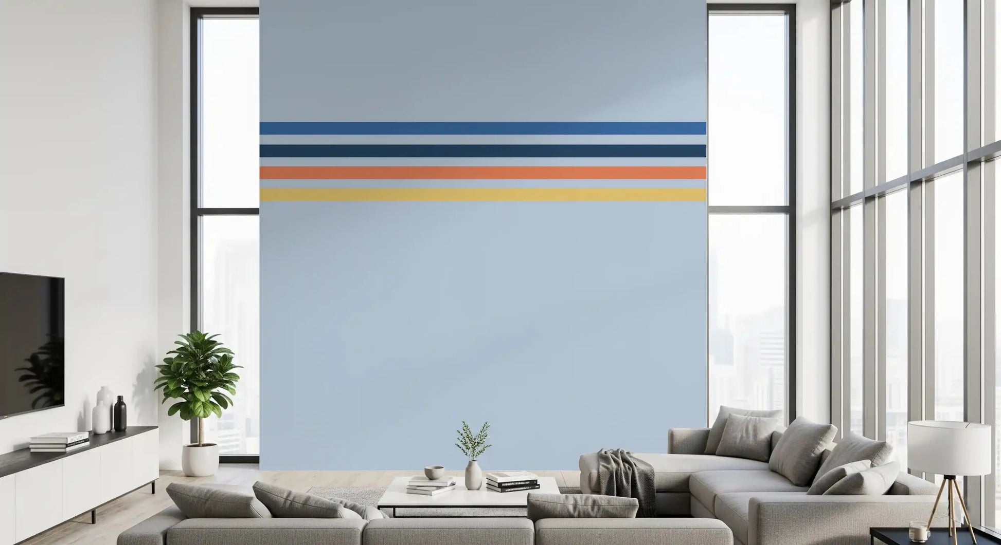 Minimal striped wall mural showing Retro Horizon Stripes in soft cool tones, GD9266
