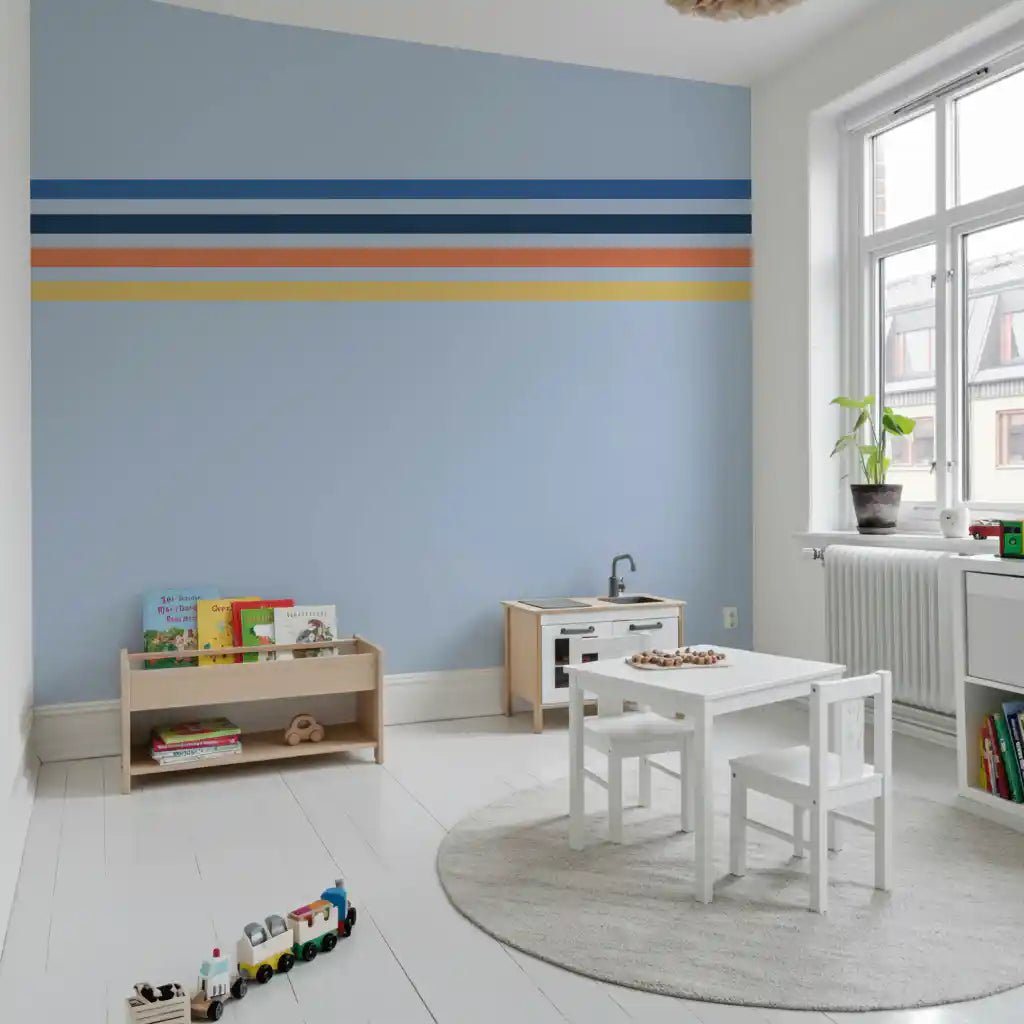Retro Horizon Stripes wall mural with fine bands on a pale blue background, GD9266