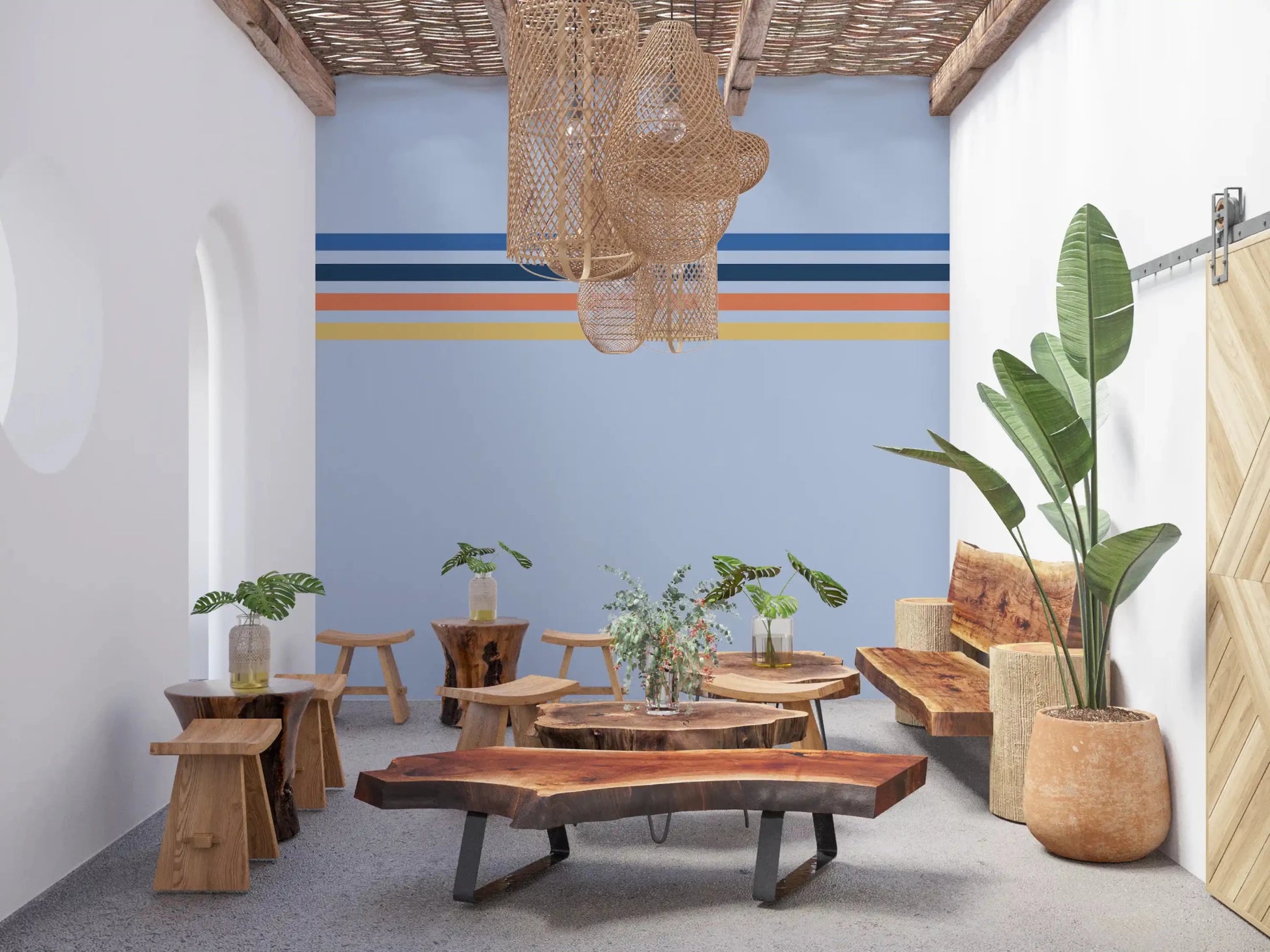 Cafe wall with Retro Horizon Stripes wall mural and muted horizontal lines, GD9266