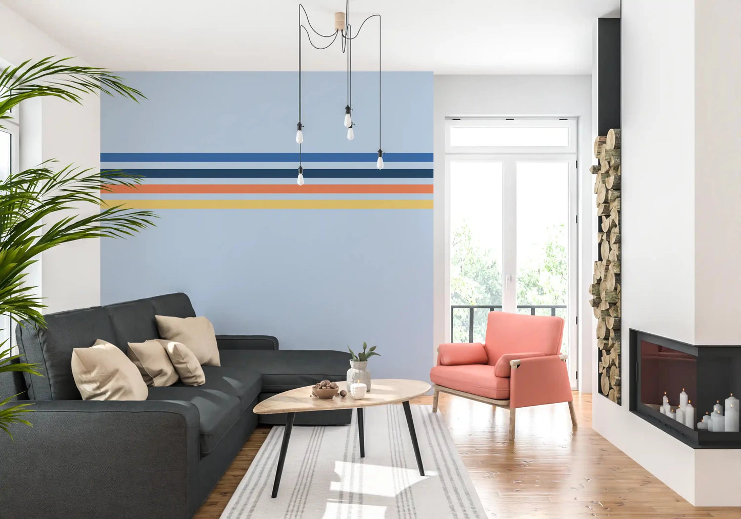 Hallway featuring Retro Horizon Stripes wall mural in a clean retro layout, GD9266